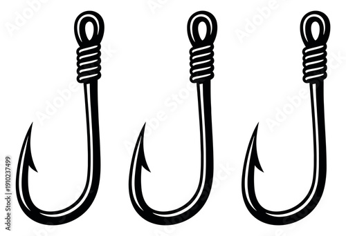 Line art fishing hook set featuring simple and classic designs for outdoor adventures and angling hobbies