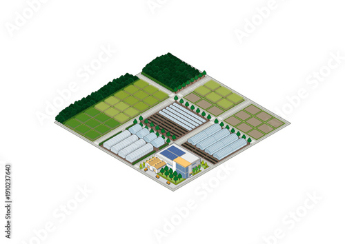 郊外の街並みのイラスト. アイソメ図で描いた都市.