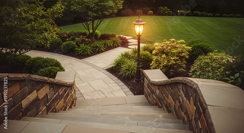 A serene nighttime garden scene with a staircase and lamp post