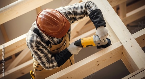 A construction worker in a hard hat using a power tool on wooden beams