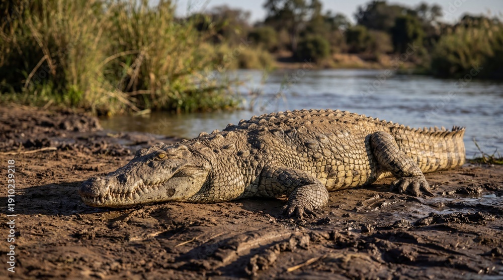 Fototapeta premium Crocodile in natural habitat with warm sunlight on scaly skin in muddy terrain for wildlife documentary