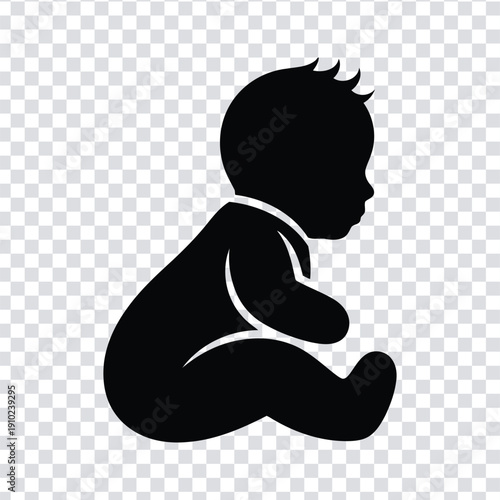 Black silhouette of a baby sitting on a transparent background with spiky hair