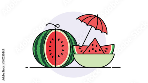 Refreshing summer illustration of watermelon halves and slices served in a bowl with a small decorative red umbrella.