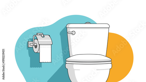 Modern bathroom interior showing a white toilet and a roll of toilet paper mounted on a wall with colorful shapes.