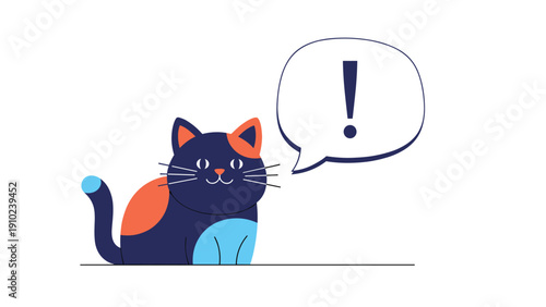 Adorable calico cat character looking curious with a large exclamation mark inside a speech bubble next to its head.