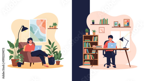 Split scene illustration comparing a person working comfortably on a sofa with someone working at a formal office desk.