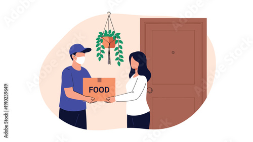 Delivery person wearing a medical mask handing over a cardboard box labeled food to a woman at her doorstep.