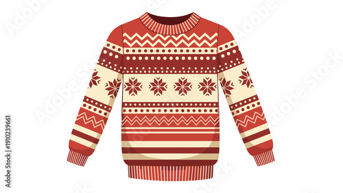 Cozy red and white knitted Christmas sweater with traditional snowflake and geometric patterns for winter warmth.