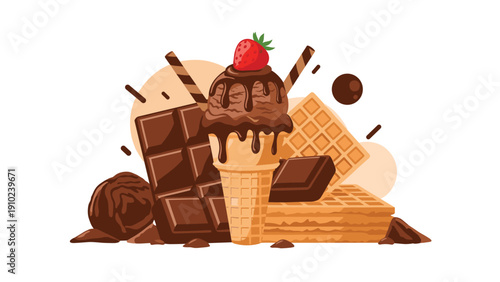 Indulgent chocolate ice cream cone with a strawberry on top surrounded by chocolate bars, waffles, and cookies.
