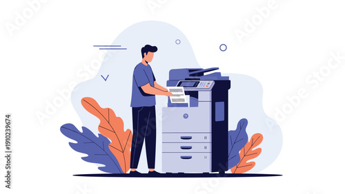 Professional man using a large multifunctional office printer and photocopier in a modern business environment.