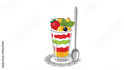 Tall glass filled with a layered fruit parfait dessert topped with fresh berries, mango, mint, and a long spoon.