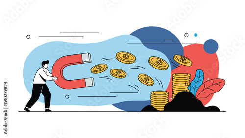 Concept illustration of a man using a large red horseshoe magnet to attract and collect falling gold dollar coins from a heap.