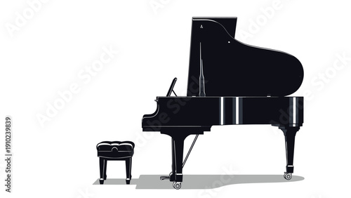 Elegant black grand piano with a matching piano bench shown in a clean profile view against a simple white minimalist background.