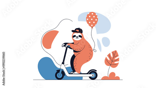 Whimsical illustration of a cute sloth wearing a baseball cap and riding an electric scooter while holding a polka dot balloon.