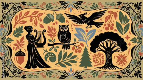 Mythical Forest Scene with Woman, Owl, Crow, and Tree.