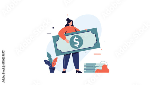 Confident young woman holding a massive one dollar bill symbolizing financial success and wealth achievement in a flat design.