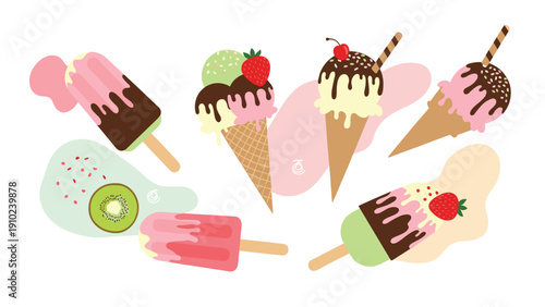 Collection of various delicious ice cream treats including chocolate dipped popsicles and cones topped with strawberries and cherries.