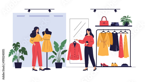 Two young women browsing a stylish clothing boutique looking at dresses on mannequins and hangers in a modern retail store.