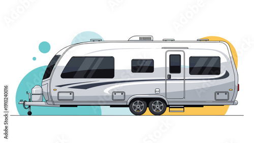 Large modern silver recreational vehicle travel trailer shown in a profile view for camping and road trip adventures.