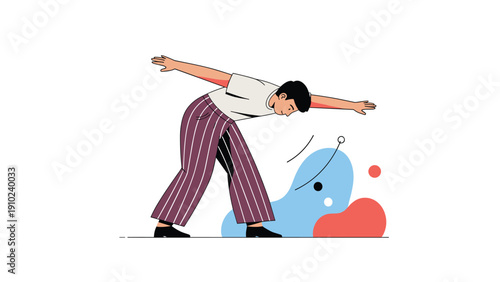 Man in a t-shirt and striped pants performing a dynamic forward lean stretching exercise as part of a fitness or dance routine.