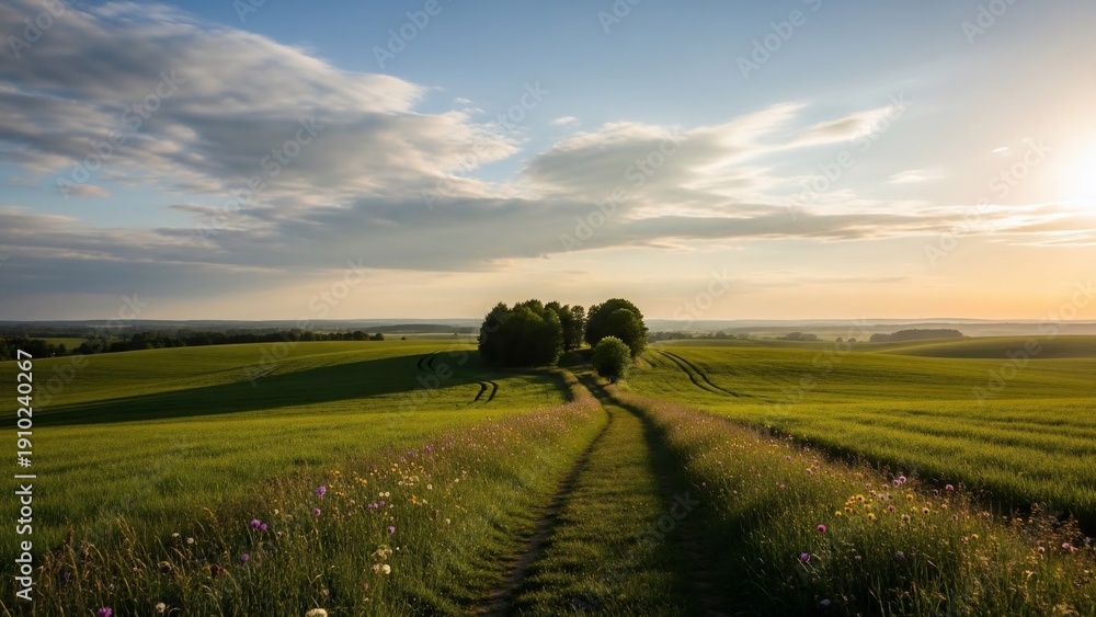 Fototapeta premium Scenic countryside path leads through green fields towards a sunlit horizon