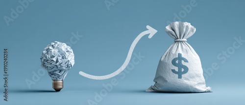 A creative concept representing the transformation of ideas into monetary value, featuring a crumpled light bulb and a money bag on a blue background.
