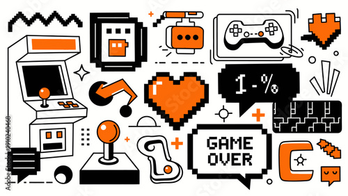 Retro Pixel Art Video Game Icons and Elements Collection.