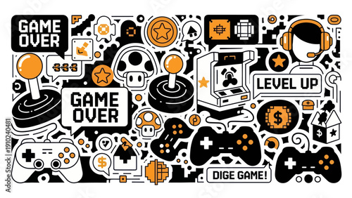 Retro Video Game Icons and Controllers Collection.