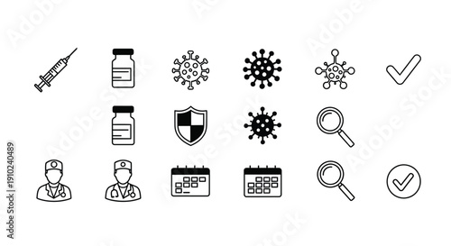 Coronavirus related icons including vaccines viruses and medical personnel