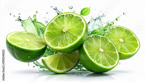 Glossy green lime slices exploding with juice splashes on a white background, symbolizing instant freshness and citrus zest