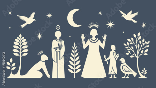 Stylized figures and nature elements in a celestial scene.