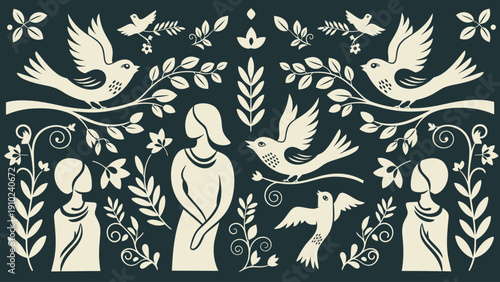 Stylized illustration of women and birds in a folk art style.