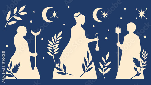 Three elegant female figures in silhouette with celestial and botanical elements.