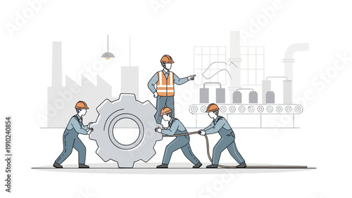 Teamwork in industry with workers moving a large gear.