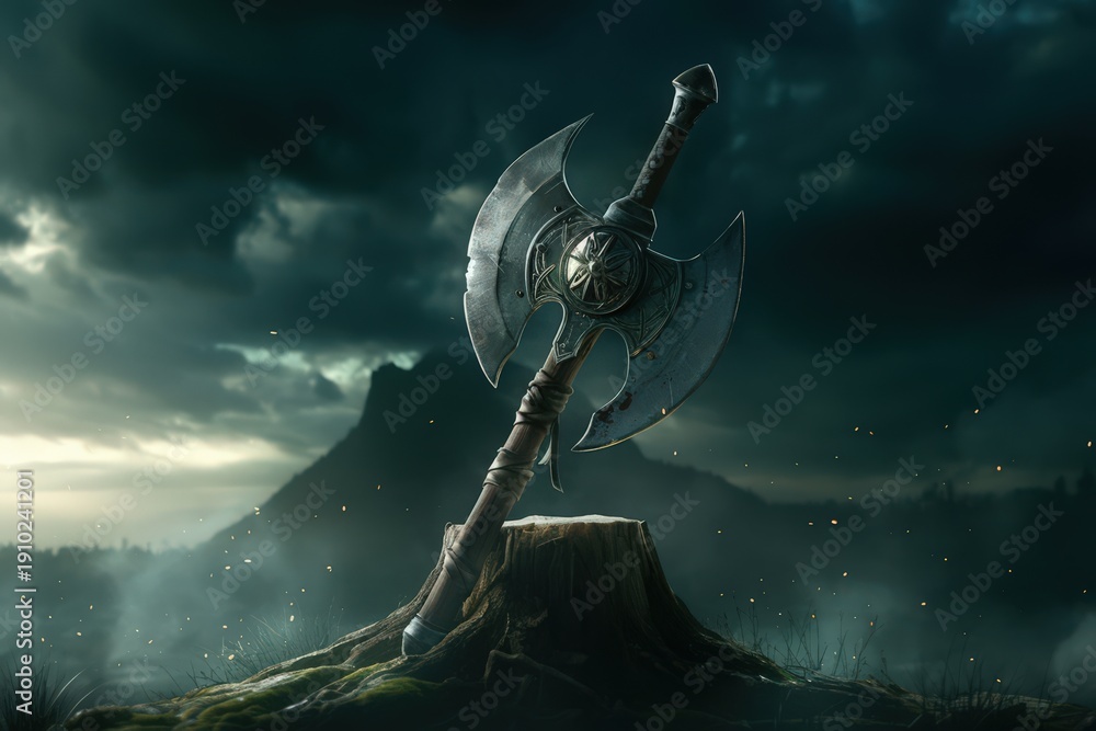 Fototapeta premium 戦斧が切り株に立つ