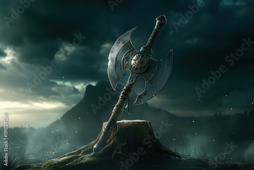 戦斧が切り株に立つ