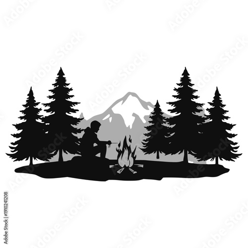 Camping in Mountains Silhouette Vector – Outdoor Adventure Scene