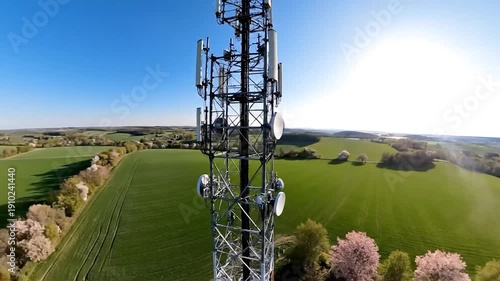 Antenna tower providing wireless communication in a vast green landscape.