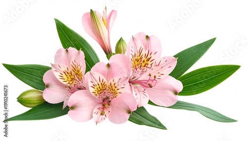 Delicate pink blossoms with green foliage on white