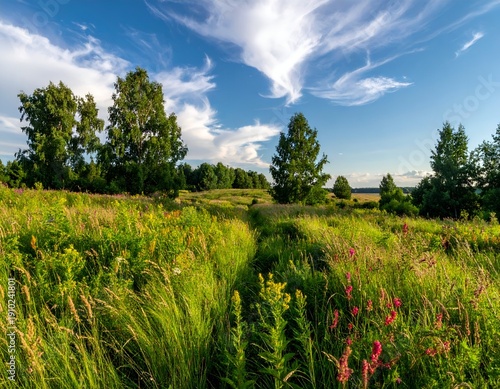Lush meadow path winds through wildflowers under a bright, cloudy sky