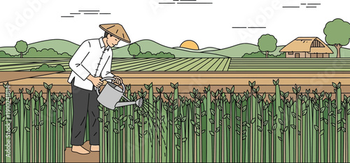 Man watering plants in a field isolated on transparent background