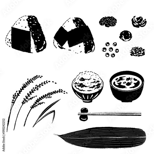 Set of Monochrome Japanese Food Icons with Onigiri and Soup