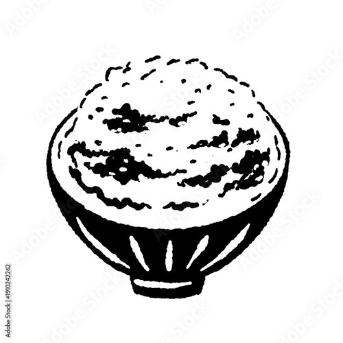 Monochrome Illustration of White Rice Served in Bowl