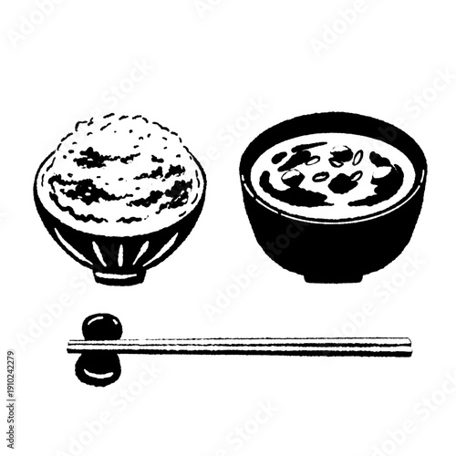 Japanese Meal Set with Rice and Miso Soup Monochrome Art