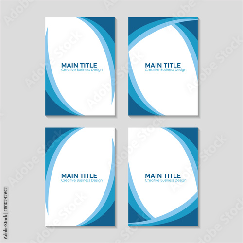 Four mockups of a blue and white business report or book cover design with flowing shapes
