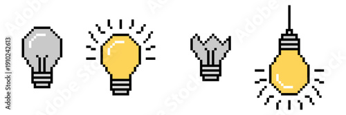 Set pixel lightbulb icon vector for retro idea games. 8-bit style lamp symbols ideal for innovation apps and creativity icons.