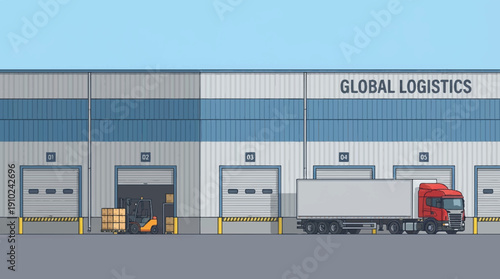 Red truck and forklift at GLOBAL LOGISTICS warehouse with open garage door