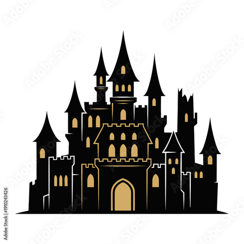 Medieval Castle Silhouette with Towers and Turrets.