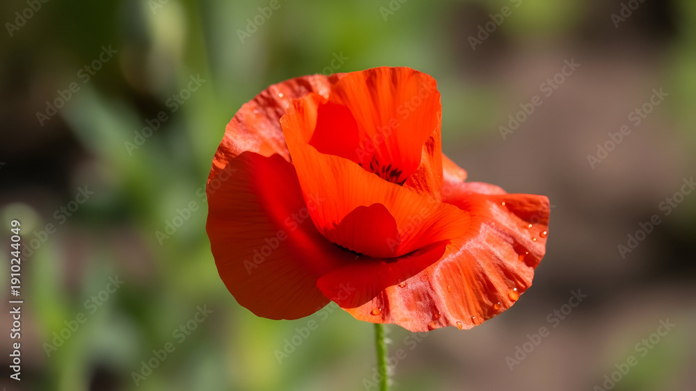 Fototapeta premium Red Poppy in Full Bloom with Soft Green Background