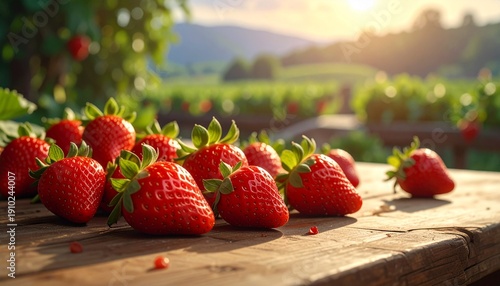 Fresh ripe strawberries on wooden table in sunny vineyard garden at sunset